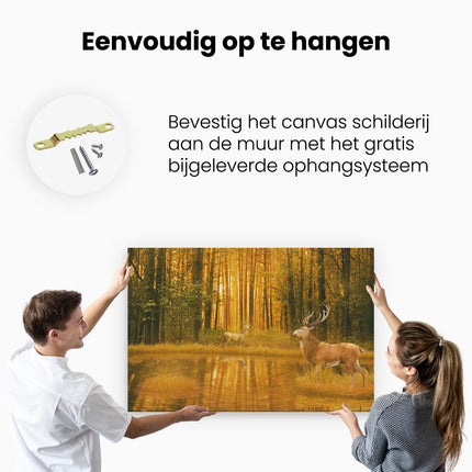 Canvas schilderij ophangen Twee Herten In Het Bos Bij Het Water