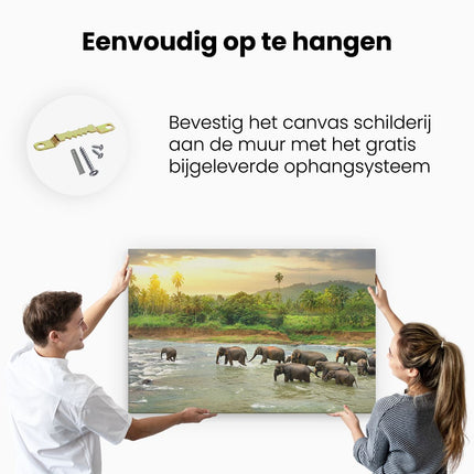 Canvas schilderij ophangen Kudde Olifanten In Het Water