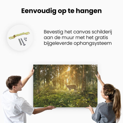 Canvas schilderij ophangen Hert In Bos Met Zon