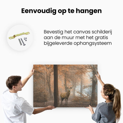 Canvas schilderij ophangen Hert In Het Bos - Herfst