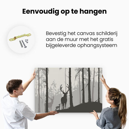 Canvas schilderij ophangen Herten In Het Bos - Silhouet 