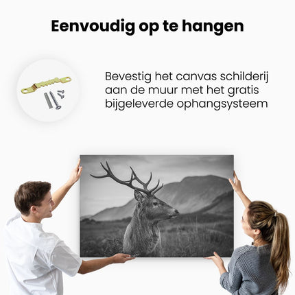 Canvas schilderij ophangen Hertenkop - Hert - Zwart Wit