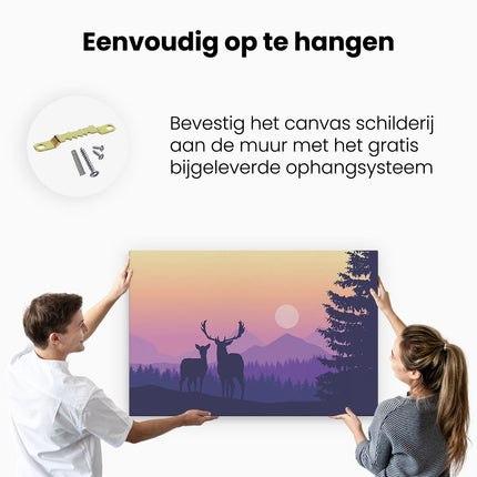 Canvas schilderij ophangen Twee Herten - Zonsondergang - Silhouet