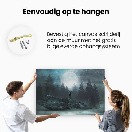 Canvas schilderij ophangen Hert Op Een Rots Tijdens Volle Maan