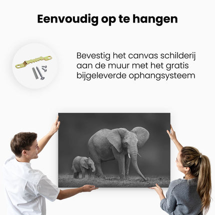 Canvas schilderij ophangen Olifant Moeder En Zoon - Zwart Wit