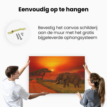 Canvas schilderij ophangen Olifant In Het Wild Tijdens Zonsondergang