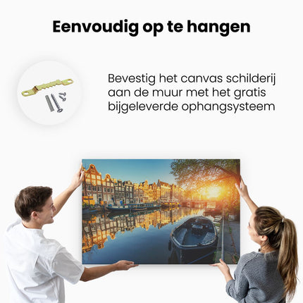 Canvas schilderij ophangen Amsterdamse Gracht Bij Zonsondergang