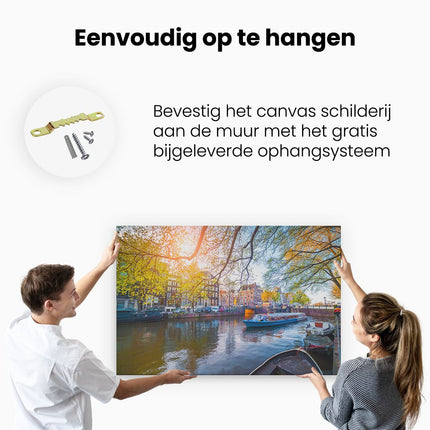 Canvas schilderij ophangen Amsterdamse Gracht Tijdens Het Voorjaar