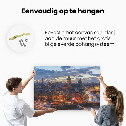 Canvas schilderij ophangen Amsterdam Centrum Luchtfoto Zonsondergang