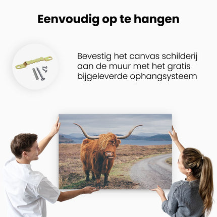 Canvas schilderij ophangen Schotse Hooglander Koe Op De Weg