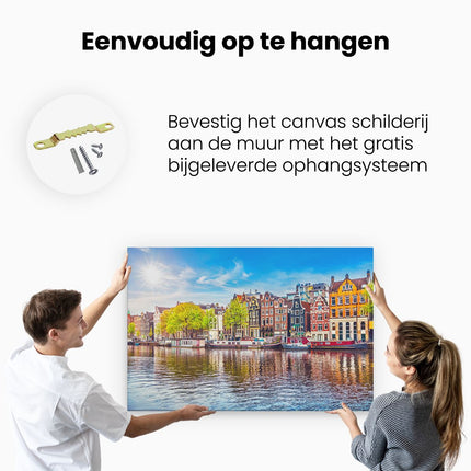 Canvas schilderij ophangen Amsterdamse Huisjes Aan Het Water