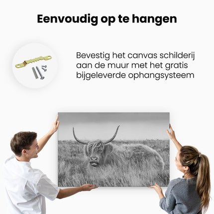 Canvas schilderij ophangen Schotse Hooglander Koe - Zwart Wit