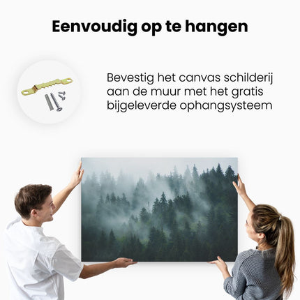 Canvas schilderij ophangen Bos Met Bomen In De Mist