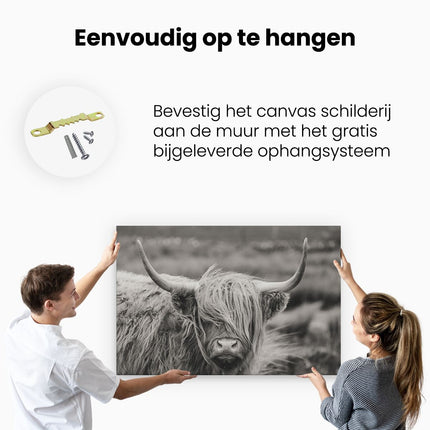 Canvas schilderij ophangen Schotse Hooglander Koe - Zwart Wit