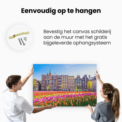 Canvas schilderij ophangen Amsterdamse Huisjes Met Tulpen - Kleur