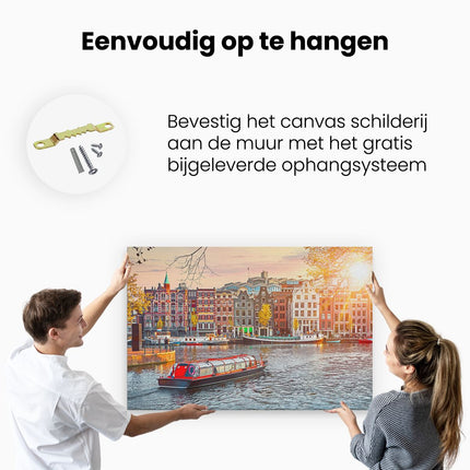 Canvas schilderij ophangen Amsterdamse Huisjes Vanaf De Grachten