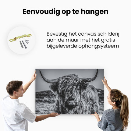 Canvas schilderij ophangen Schotse Hooglander Koe - Zwart Wit