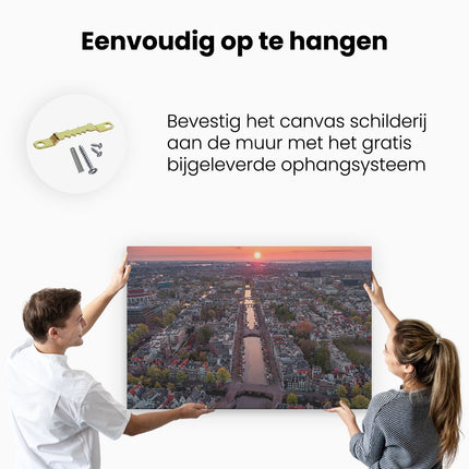 Canvas schilderij ophangen Bovenaanzicht Amsterdam Met Zonsondergang