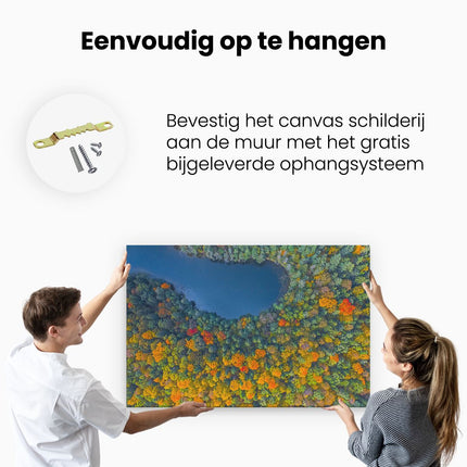 Canvas schilderij ophangen Kleurrijke Bos Met Bomen Naast Een Meer