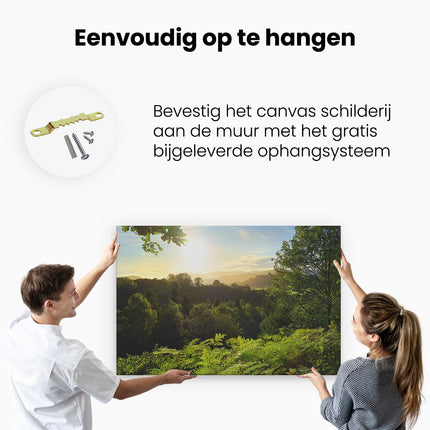 Canvas schilderij ophangen Zonsondergang Vanuit Een Bos