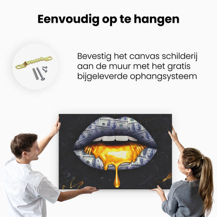 Canvas schilderij ophangen Dollar Lippen Met Goud