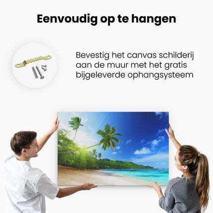 Canvas schilderij ophangen Strand Tijdens Zonsondergang In Seychellen