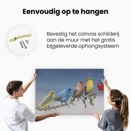 Canvas schilderij ophangen Kleurrijke Zangvogels Op Een Tak - Kleur