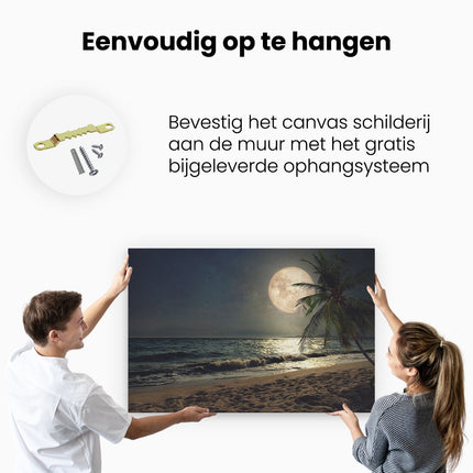 Canvas schilderij ophangen Tropisch Strand In De Nacht Met Volle Maan