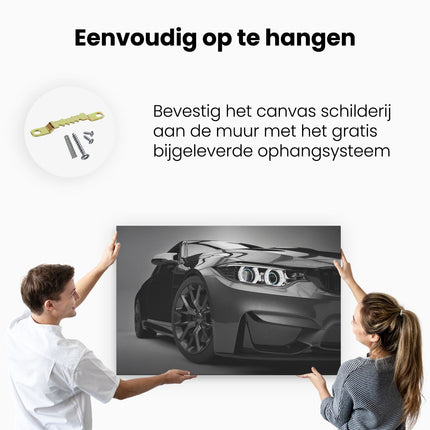 Canvas schilderij ophangen Grijze Sportwagen Auto - Zwart Wit