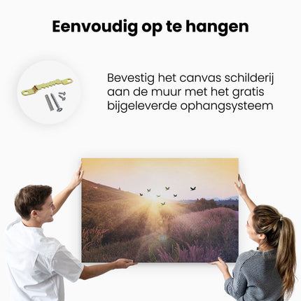 Canvas schilderij ophangen Silhouet Zwerm Vogels Bij Zonsondergang