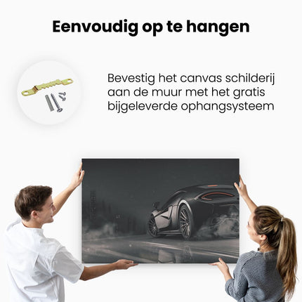 Canvas schilderij ophangen Zwarte Sportwagen Auto Nabij Een Stad