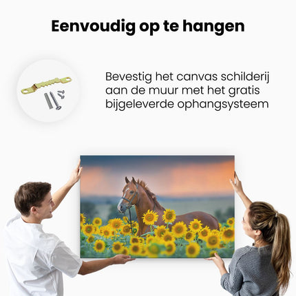 Canvas schilderij ophangen Bruin Paard Tussen De Zonnebloemen