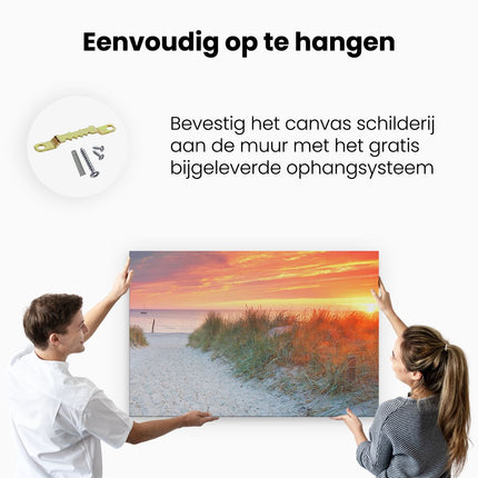 Canvas schilderij ophangen Strand En Duinen Bij Zonsondergang