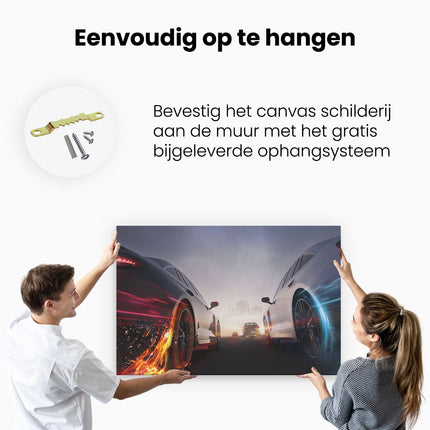 Canvas schilderij ophangen Twee Raceauto's - Blauw Tegen Rood