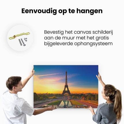 Canvas schilderij ophangen Parijs Eiffeltoren Tijdens De Zonsopkomst