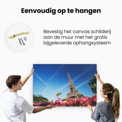 Canvas schilderij ophangen Eiffeltoren In Parijs Met Bloemen