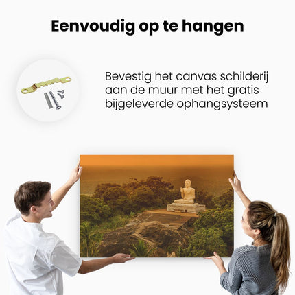 Canvas schilderij ophangen Boeddha Beeld Bij Een Tempel In Het Bos