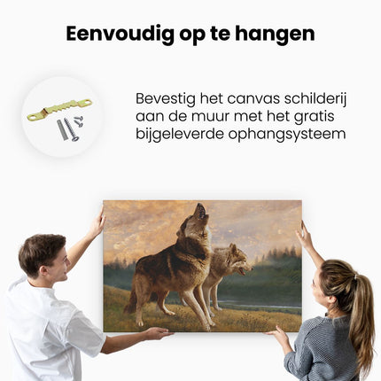 Canvas schilderij ophangen Twee Wolven Op Het Gras