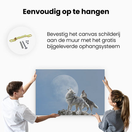 Canvas schilderij ophangen Twee Wolven Die Huilen Tijdens Volle Maan
