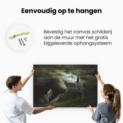 Canvas schilderij ophangen Drie Huilende Wolven Tijdens Volle Maan