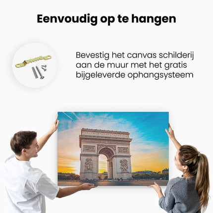 Canvas schilderij ophangen Arc De Triomphe In Parijs Met Zonsondergang