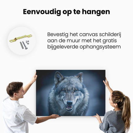 Canvas schilderij ophangen Wolvenkop Met Blauwe Ogen - Wolf