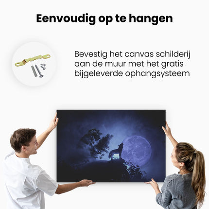 Canvas schilderij ophangen Huilende Wolf In Silhouet Bij Volle Maan