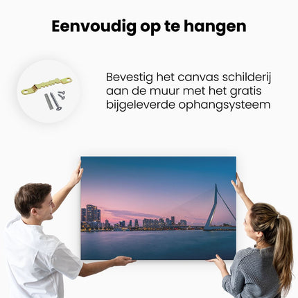 Canvas schilderij ophangen Erasmusbrug In Rotterdam Met Zonsondergang