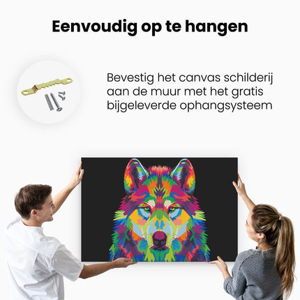 Canvas schilderij ophangen Gekleurde Wolvenkop - Wolf - Abstract
