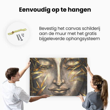 Canvas schilderij ophangen Boeddha Beeld Met Gouden Bladeren