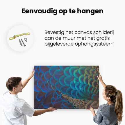 Canvas schilderij ophangen Kleurrijke Pauw Veren Van Dichtbij