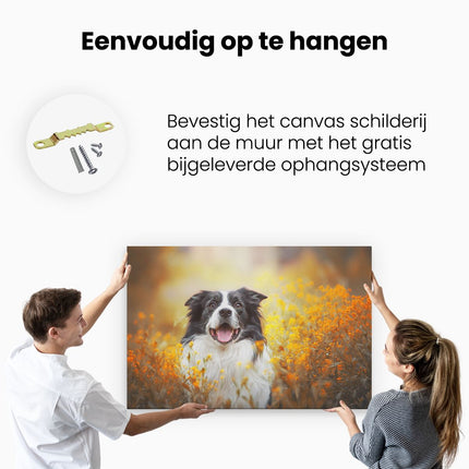 Canvas schilderij ophangen Blije Hond Tussen De Bloemen