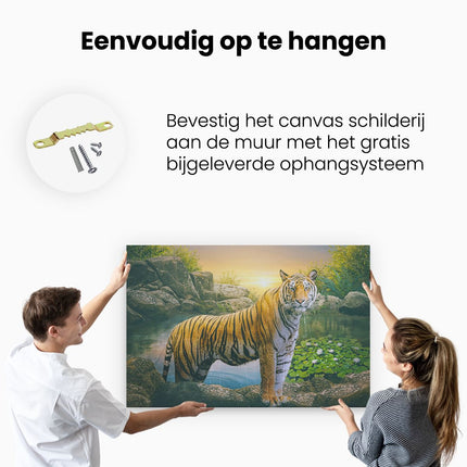 Canvas schilderij ophangen Luipaard In Een Vijver Bij Zonsondergang