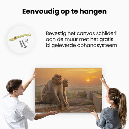 Canvas schilderij ophangen Twee Apen Bekijken De Zonsondergang
